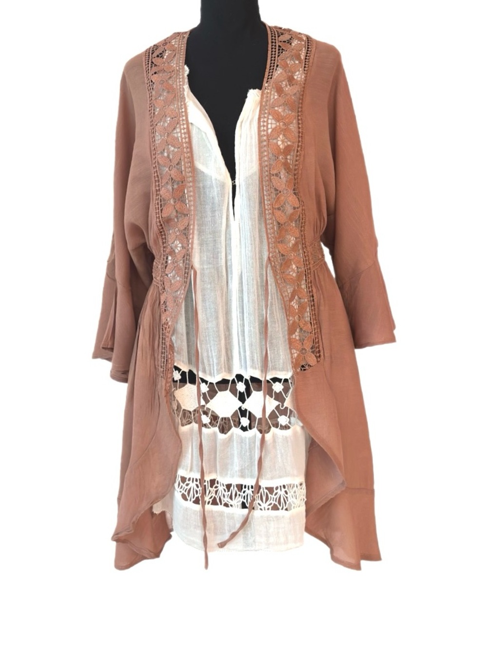 LOVE TREE ~ Bohemian Mocha Kimono with Embroidered Trim size M - Picture 7 of 10